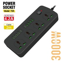 멀티 탭 플러그 콘센트 전원 스트립 AC 프라이즈 연장 코드 전기 소켓 PD USB C 포트 전화 고속 충전기 네트워크 필터 EU UK US, 영국 플러그 - T25 Black