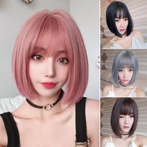 보브컷 단발 가발 머리 앞 풀뱅 똑 커트 옆 통 언발 백금발 여성, 핑크