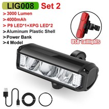자전거용 폰홀더 헤드라이트 NEWBOLER 자전거 라이트 프론트 6000루멘 8000mAh 방수 손전등 USB 충전 MTB 도로 사이클링 램프 액세서리, 4000mA Set 2