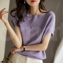 오르네트 여성 입술넥 반팔 니트 티