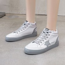 벨트플랫 스니커즈 여성 ULZZANG 하이탑 가죽 화이트신발 클래식 스트리트 별 슈즈 3842501029, 멜란지. 흰 39