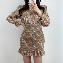 퐁순싸롱 플라워 꽃무늬 스모크 프릴 패턴 미니 원피스 SY