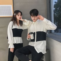 배색 브이넥 카라 트럼펫 소매 블라우스 제주도 커플룩 시밀러룩 신혼여행 남자 긴팔 셔츠