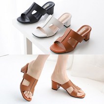 올팜 여성 수제화 천연소가죽 H스트랩 통굽힐 미들힐 뮬 샌들 슬리퍼 6cm 국내제작 3컬러