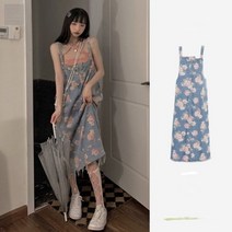 여성용 복고풍 슬리밍 데님 서스펜더 스커트 나이 감소 루즈한 드레스 여름 소금 스타일 스위트 투피스 세트