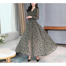 아리엘쉬폰잔꽃원피스 봄 플라원패턴 A라인 루즈핏 셔링 V넥 쉬폰롱원피스 허리밴딩 휴양지