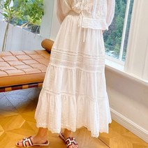 레이스 롱 스커트 치마 맥시 패치워크 캐주얼 여성 프릴 옐로우
