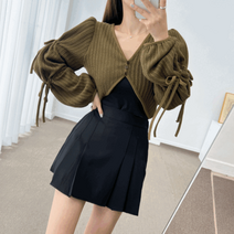 골지 리본 끈 퍼프 벌룬소매 브이넥 볼레로 가디건 4color