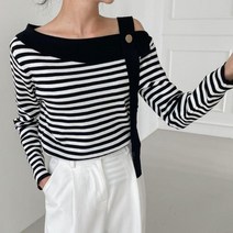 여자 가을 오픈숄더 스트라이프 니트 긴팔티셔츠