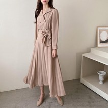 옷자락 여자 더블버튼 카라넥 플리츠 롱 벨트 원피스