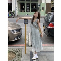 해변 휴가 휴양지 여행 깃털 나시 A라인 롱 원피스