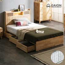 엘라인 LED 수납형 원목침대 SS+포켓매트, 내추럴