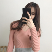 패션디바 여성용 봄 가을 간절기 심플 베이직 골지슬림 긴팔 니트 브이넥