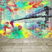 AOFOTO 5x7ft Urban Buildings Graffiti Brick Wall Photography Studio Backdrops Old Floor Tiles Photo, 1