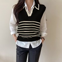 데일리앤 여성 단가라 배색 카라 니트 베스트 하임