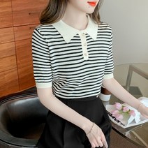 시크마녀 줄무니니트 카라 반팔 스트라이프 세미크롭 날씬해보이는 여름 니트 티