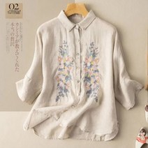 데님 청자켓 청난방 청남방 연청 진청 셔츠 블라우스 3/4 소매 코튼 린넨 플러스 사이즈 봄 여름 문학 복고풍 자수 느슨한 캐주얼 탑 신제품