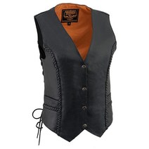 Milwaukee Leather ML1255 여성용 블랙 브레이드 네이키드 가죽 사이드 레이스 오토바이 라이더 조끼 전면 스냅 클로저 포함 - XS, X-Small