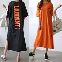 러브포텐 여성 빅사이즈 원피스 옆트임 롱원피스 7부소매 영문프린팅 루즈핏 데일리 홈웨어 [달콤 디저트 포함]