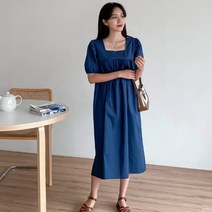 디작소 여성 럽인유 스퀘어넥 퍼프 롱 원피스 드레스
