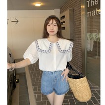 빅카라 벌룬소매 퍼프 면 자수 셔츠 블라우스 여름 반팔 샤랄라 보세 예쁜 수입 SY