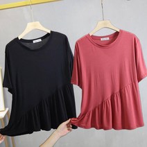 2P 모달 라운드넥 반팔 티셔츠 여성 루즈핏 여름 프릴 반팔티 빅사이즈
