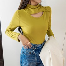 언발란스 오프숄더 폴라티 터틀넥 긴소매 럭셔리 니트 솔리드 컬러 오피스룩