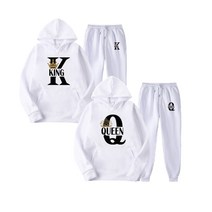 남자 수트 정장 패션 커플 Sportwear 세트 킹 또는 퀸 인쇄 연인 후드 양복 와 바지 2pcs Streetwear 여자 옷을 설정