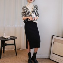 넷투넷코리아 여성 긴팔 티셔츠 브이넥 루즈핏 스트라이프 니트
