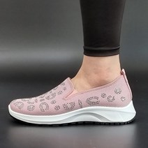여성 경량 메쉬 슬립온 스니커즈 단화 (225-250 핑크 블랙 큐빅) 끈없는 운동화