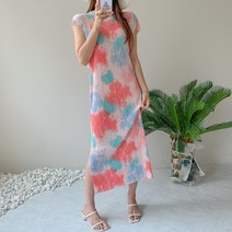 물나염 여름롱원피스 나시 면원피스 주름 플리츠 빅사이즈 롱티셔츠 캐주얼 데일리 홈웨어 휴양지 형광 네온 루즈핏 실내 바캉스 마실룩 비치웨어 시원한 가벼운 플러워