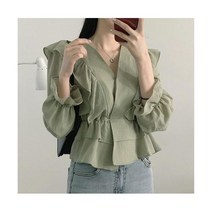 쉬폰블라우스 하객룩 오피스룩 리본 레이스 귀여운 디자인 의류 플레어 슬리브 단색 페플럼 베이비 셔츠 짧은 꽃 92535 상의 가을