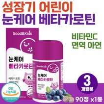 성장기 어린이 키즈 눈 건강 비타민 고함량 영양제 베타카로틴 블루베리 씹어먹는 영양간식 식약처 인증 시각 적응 기능 유지 상피세포 성장 발달 초등학생 KIDS 면역력 눈비타민