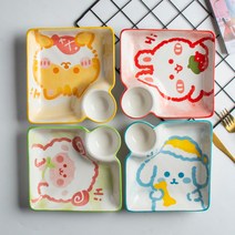 가정용 나눔 접시 캐릭터 도자기 아이디어 다용도 소스 쟁반 회 튀김 만두 초밥, 2개 세트 (토끼+멍멍이)