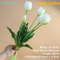 실리콘 튤립 (3 꽃 + 2 봉) 부케 리얼 터치 색 칼라 홈 인테리어 인공 웨딩 인디고, 01 IDST01