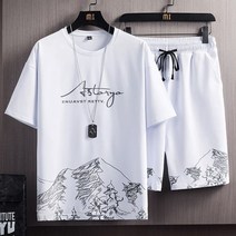 여름 반팔 티셔츠 세트 남성 트렌드 개성 캐주얼 ins 트렌드 반팔 아이스 티셔츠 투피스 남프린트꽃 티셔츠 캐주얼 반바지 세트
