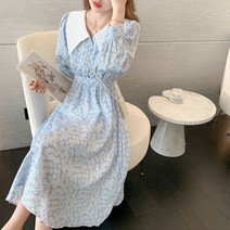 가을 여성 꽃 무늬 원피스 드레스 얇은 쉬폰 중간 길이 스커트 가을 신혼여행 바캉스