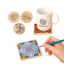 민화샵 전통 민화 도안 나무 컵받침 코스터 색칠 만들기 3개 세트, 물고기