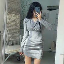 트루픽 볼륨 셔링 랩 숄더 그레이 원피스 봄 가을 무지 기본 글램핏