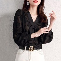 따봉오빠 여성 브이넥 플라워 자수 포인트 벌룬 블라우스 블랙(DB276)