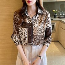 2022 봄신상 호피 패치 서양식 긴팔셔츠 여성 고급스러운 심플 상의 패션 카라 블라우스