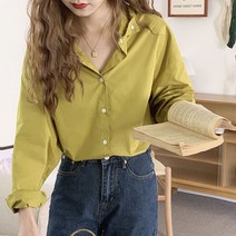 Hooozen 여성 넥카라 루즈핏 단색 캐주얼 긴팔 셔츠