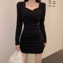 블랙 브이넥 스몰 블랙 스커트 빅사이즈 통통 동생 셔링백 힙 스커트 슬림핏 원피스