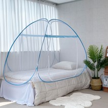 초간편 접이식 원터치 모기장 사각 침대 텐트 아기 낙상 방지 싱글 더블 퀸 킹 캐노피, 2문 원터치:블루