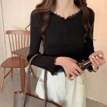 브이넥긴팔니트 빅사이즈 이쁜이 MM 이너니트 가을 레이스 러플 패치워크 가디건 슬림핏 소매 여성 상의 4832414753