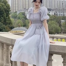 여름 스퀘어넥 원피스 슬림 퍼프 원피스 캐주얼 롱스커트