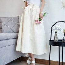 여성 Eilien 코튼 핀턱 허리밴딩 치마 면 A라인 롱 스커트