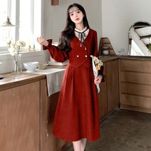 코듀로이원피스 빅사이즈여성복 가을겨울 통통 개성 핫스타일 날씬해보이는 스타일 코르덴 병접연결 페이크레이어링 원피스