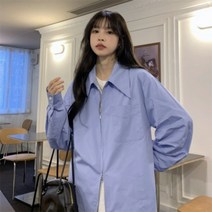 하늘색셔츠 봄 복고풍 홍콩 스타일 긴팔 지퍼 흰색 셔츠 여성 디자인 감각 틈새 느슨한 독특한 세련된 탑
