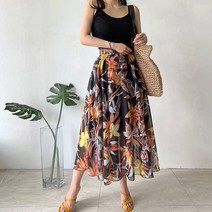네모엔룩 쉬폰나염롱 허리밴딩(허리끈 포함) 스커트